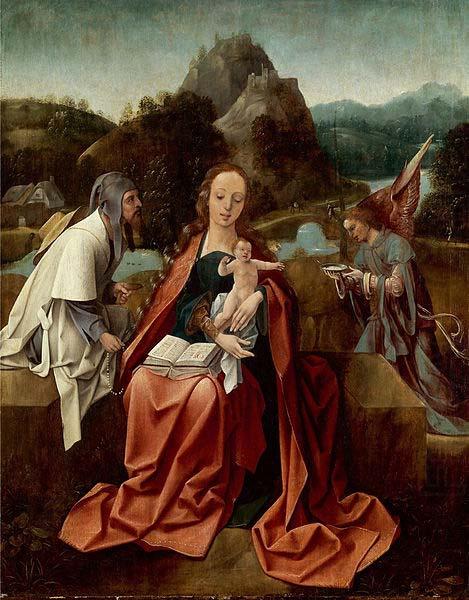 Madonna and Child with a pilgrim and an angel, Attributed to Jan de Beer